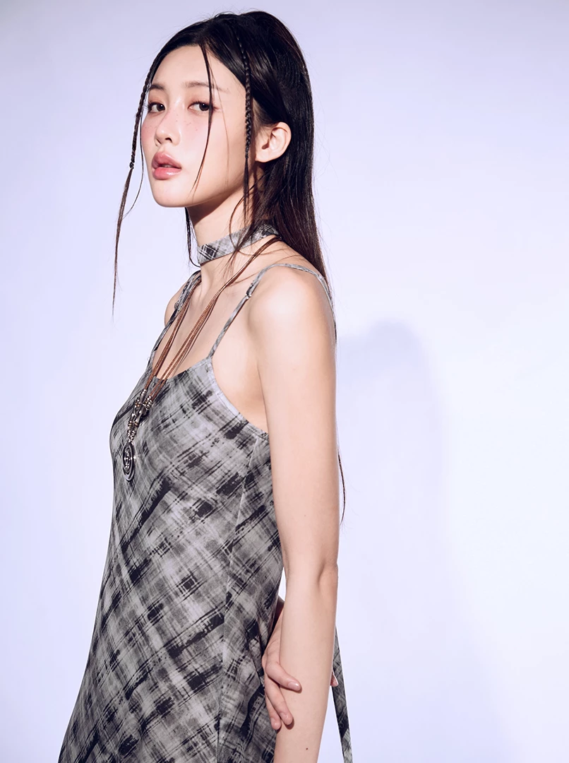 格紋細肩長洋附綁帶