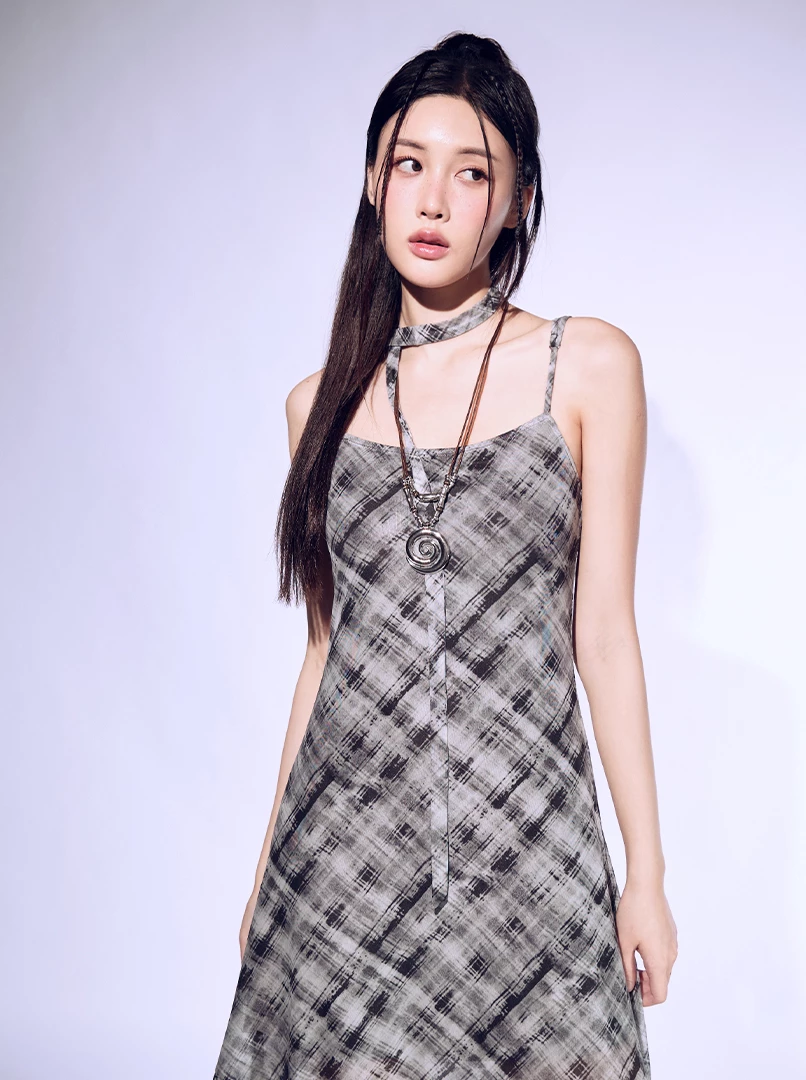 格紋細肩長洋附綁帶