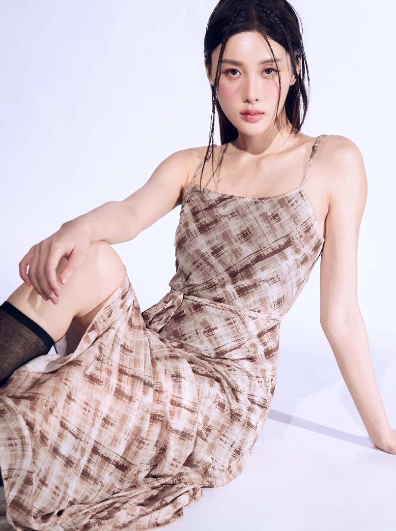 格紋細肩長洋附綁帶