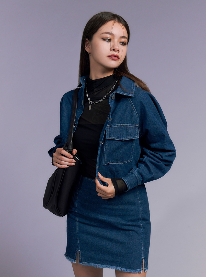 丹寧抽鬚寬袖襯衫