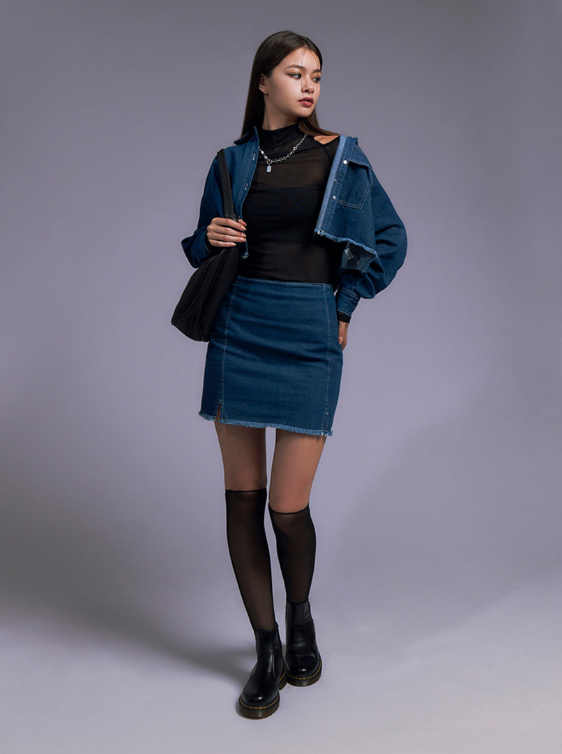 丹寧抽鬚寬袖襯衫