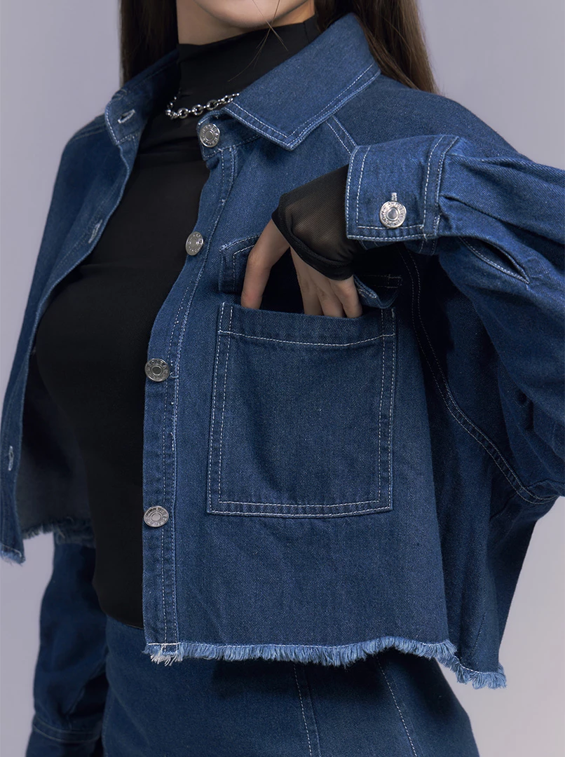 丹寧抽鬚寬袖襯衫