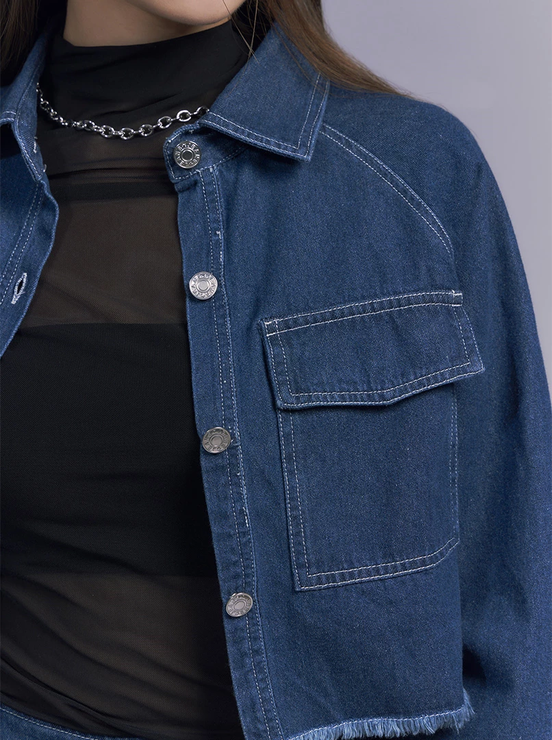 丹寧抽鬚寬袖襯衫