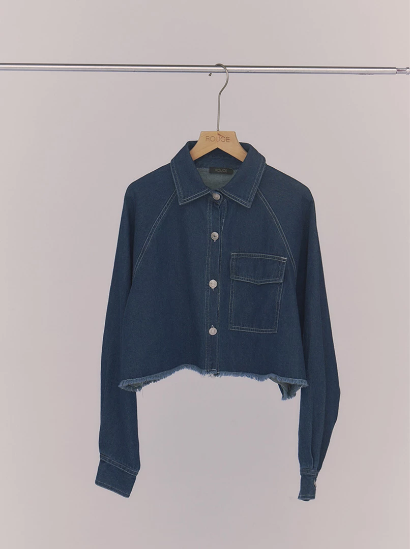 丹寧抽鬚寬袖襯衫