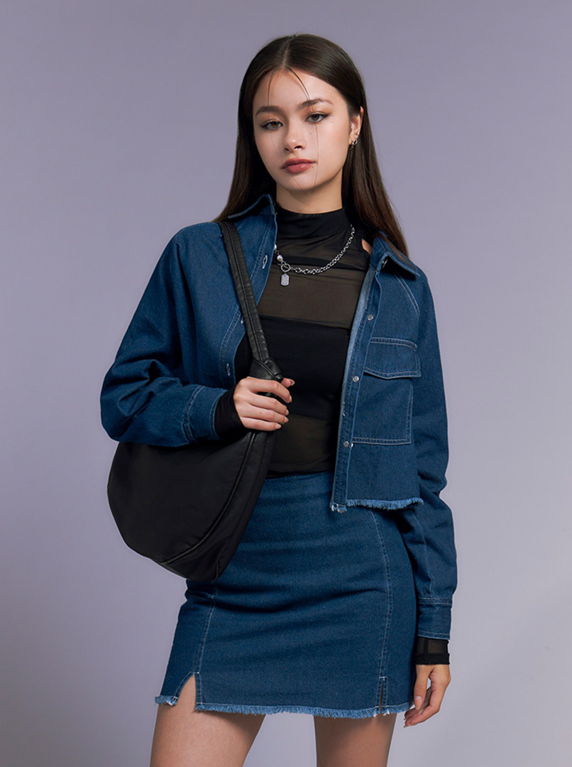 丹寧抽鬚寬袖襯衫