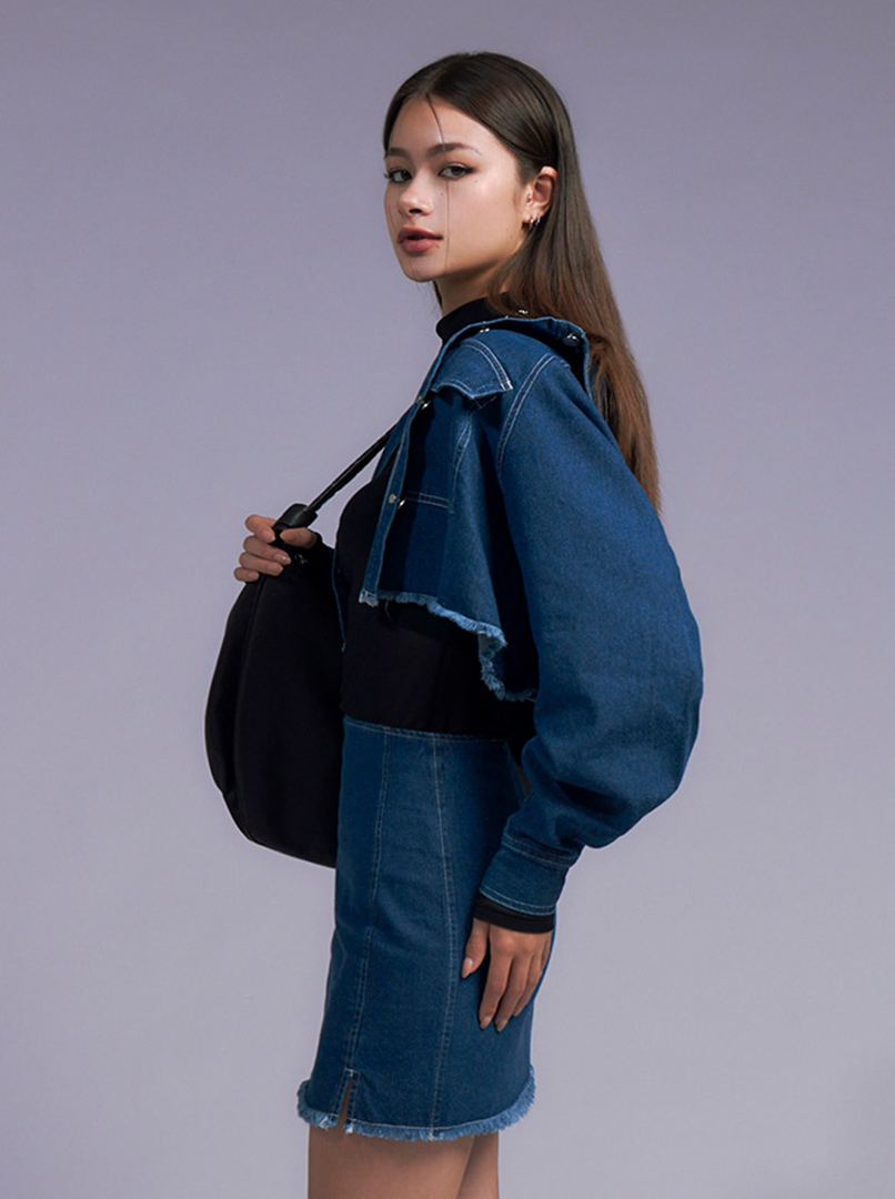 丹寧抽鬚寬袖襯衫