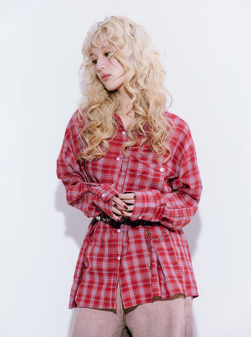 紅格長版寬鬆襯衫