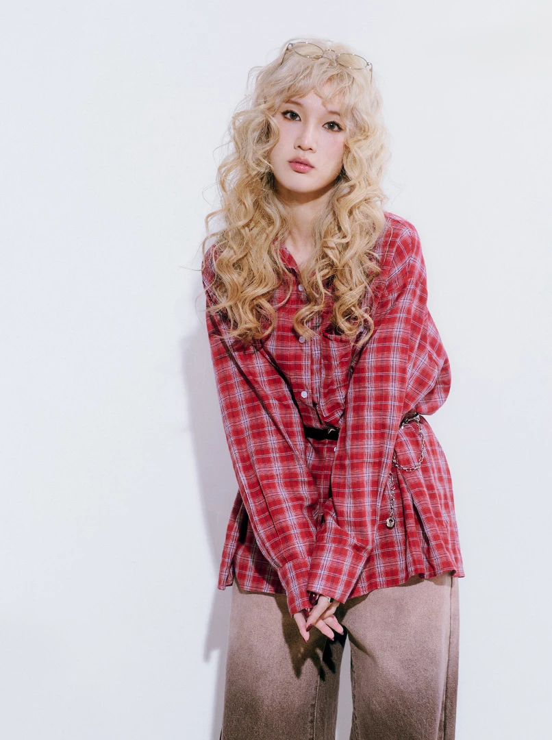 紅格長版寬鬆襯衫