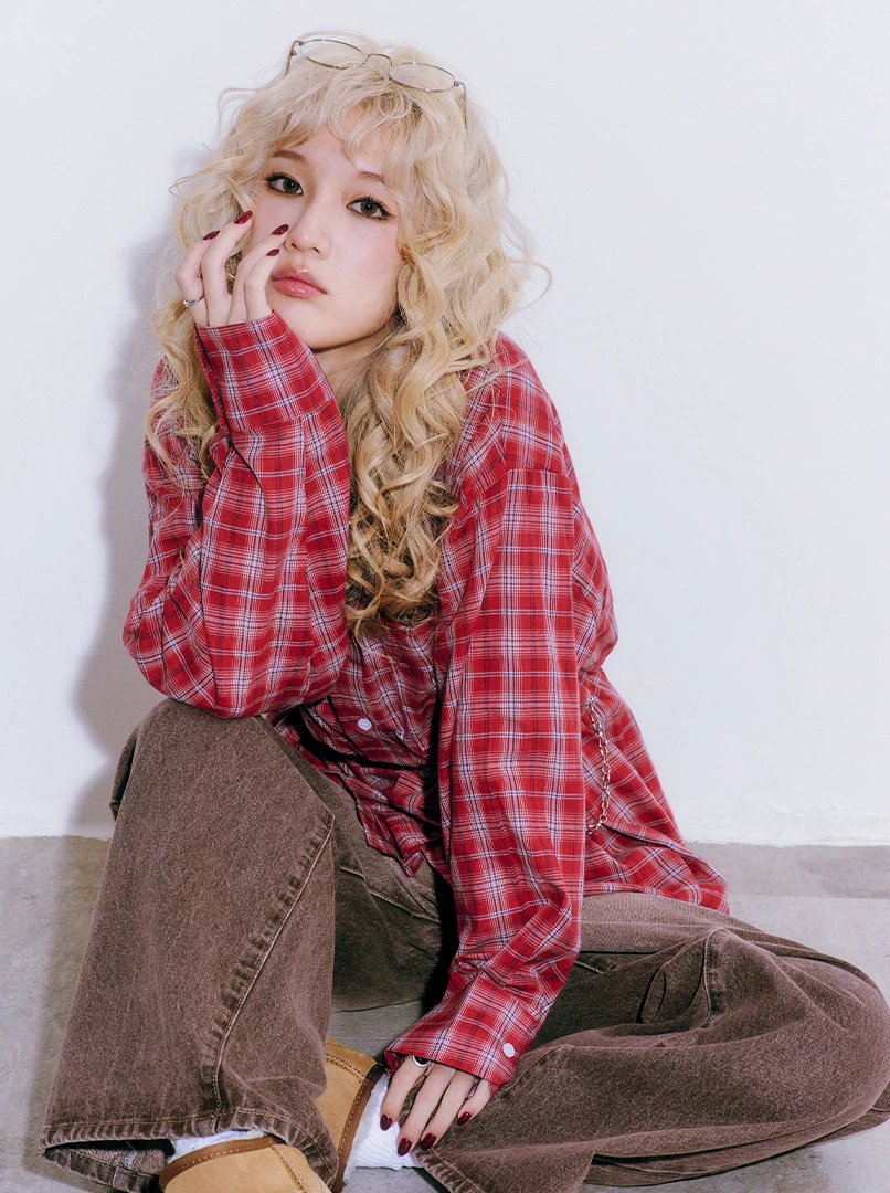 紅格長版寬鬆襯衫
