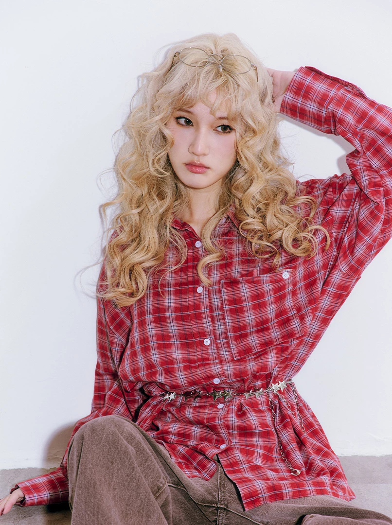 紅格長版寬鬆襯衫