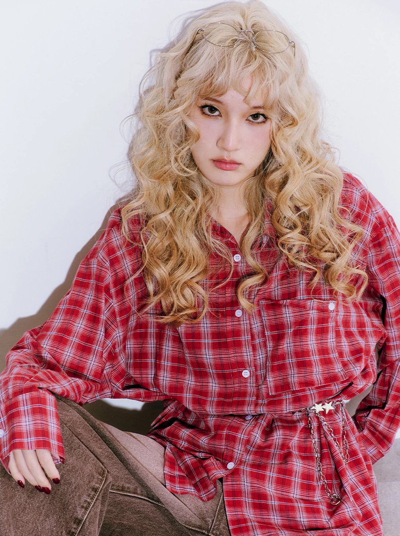 紅格長版寬鬆襯衫