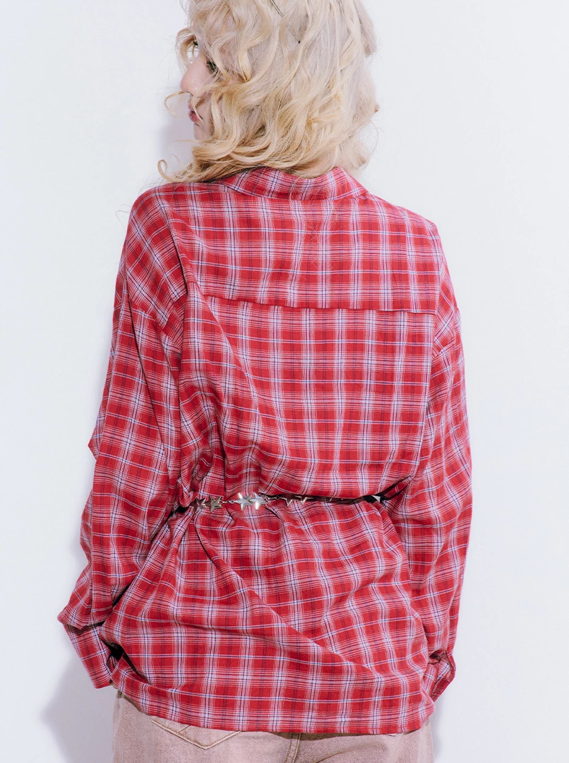 紅格長版寬鬆襯衫