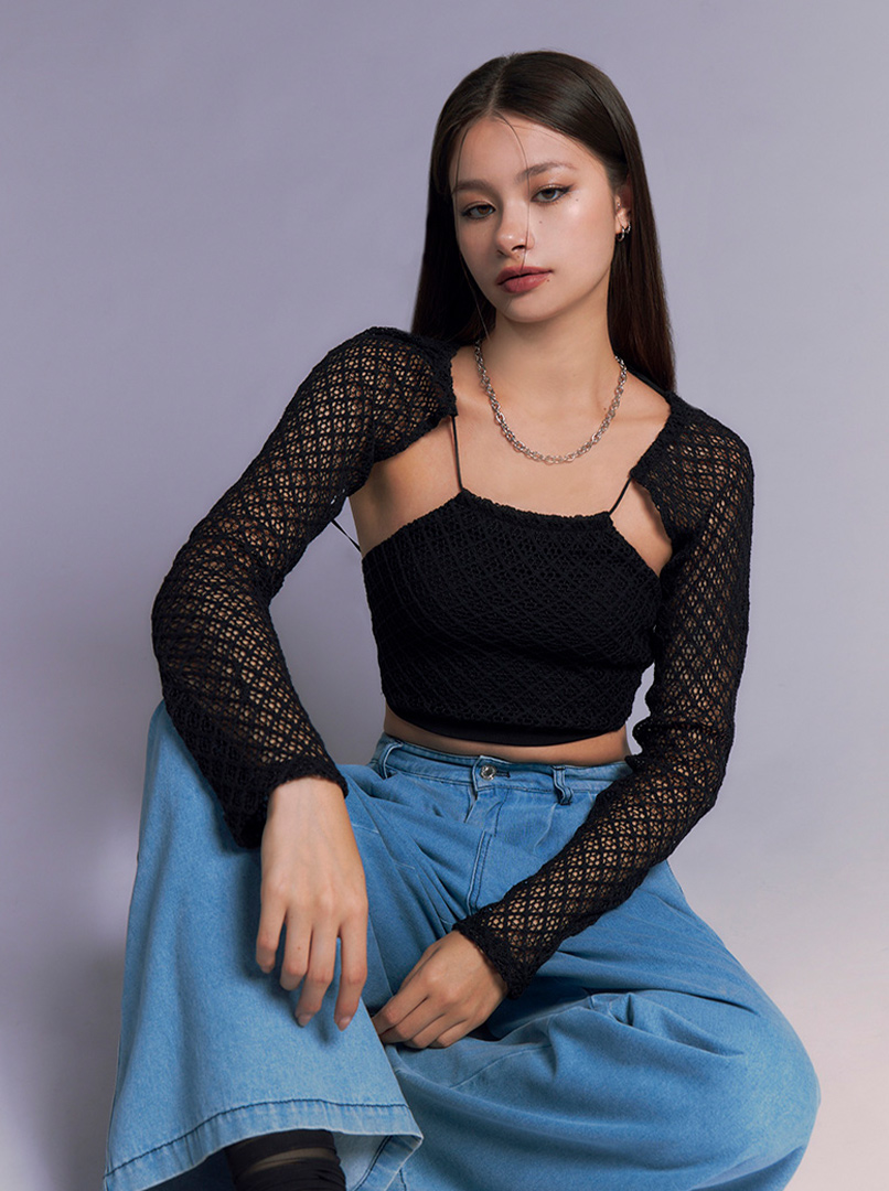 蕾絲袖套挖背上衣
