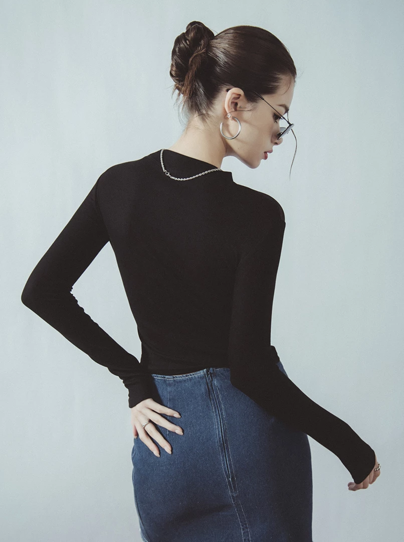 半高領拼接網紗上衣