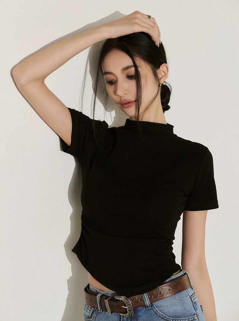 半高領抓皺T