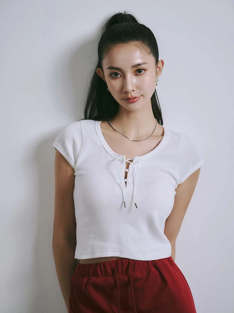 綁帶華夫格修身短上衣