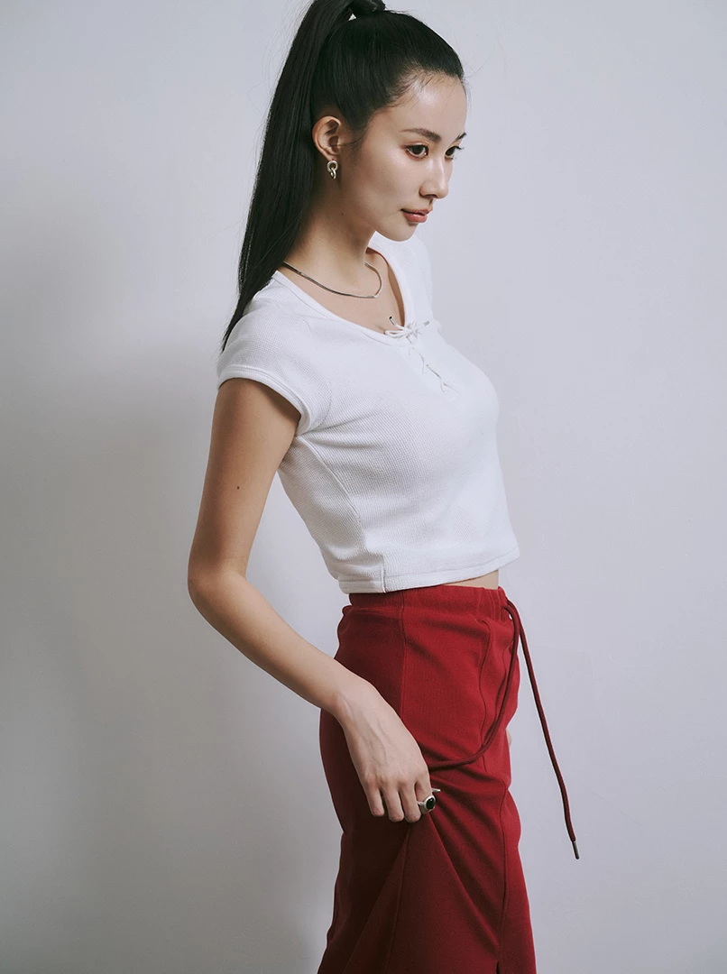 綁帶華夫格修身短上衣