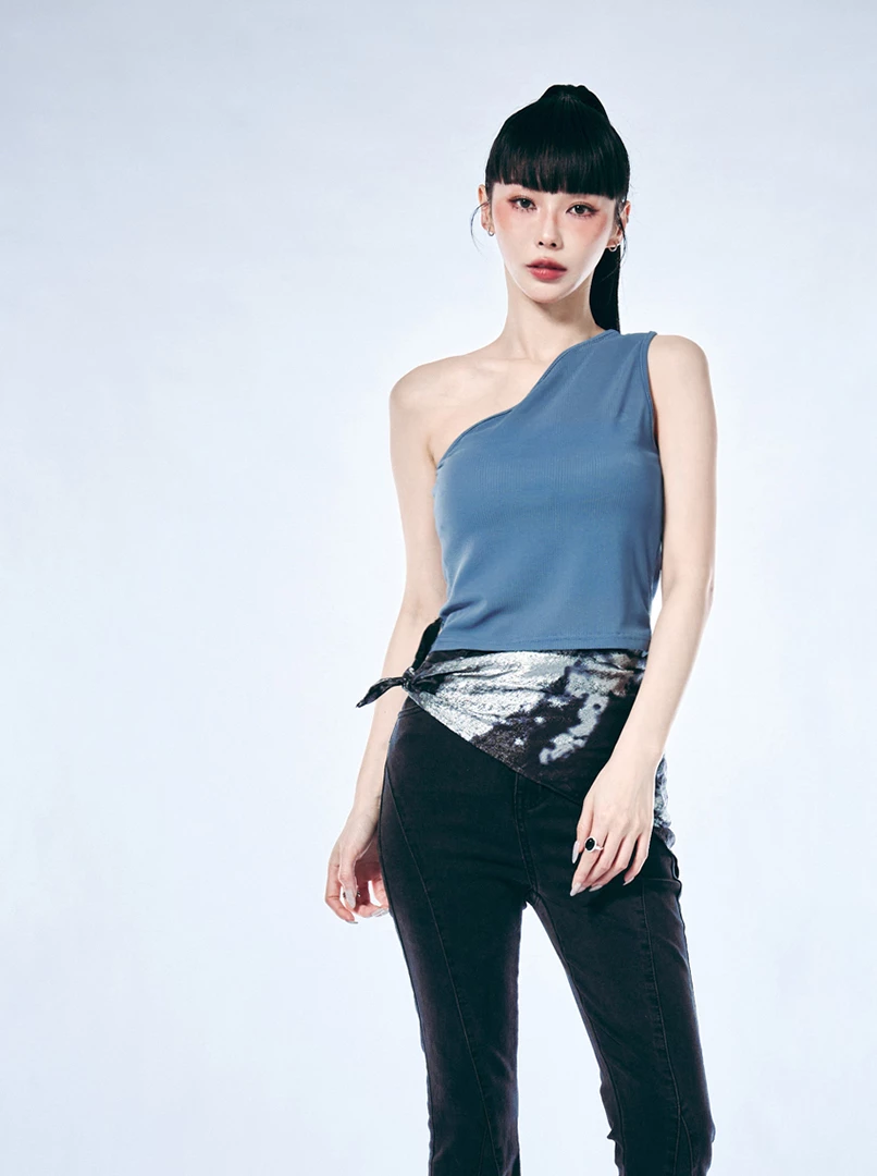 歐美斜肩透膚背心上衣