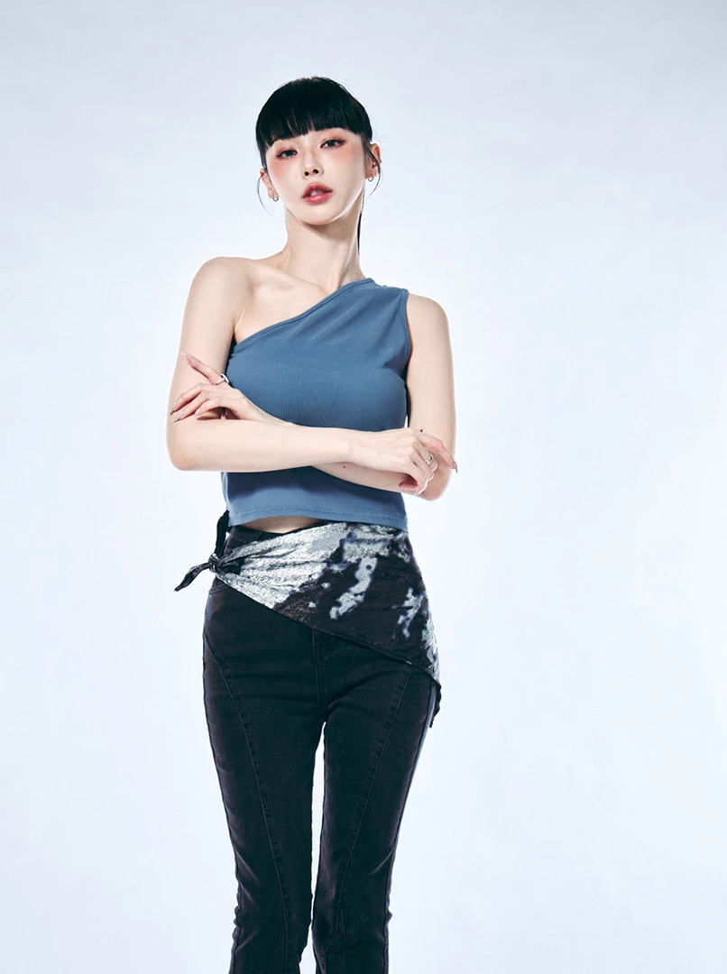 歐美斜肩透膚背心上衣