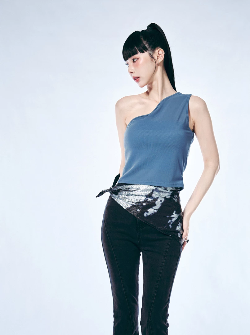 歐美斜肩透膚背心上衣