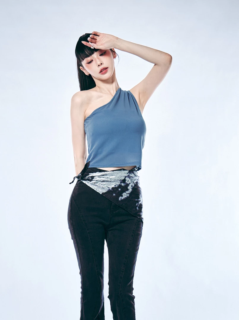 歐美斜肩透膚背心上衣