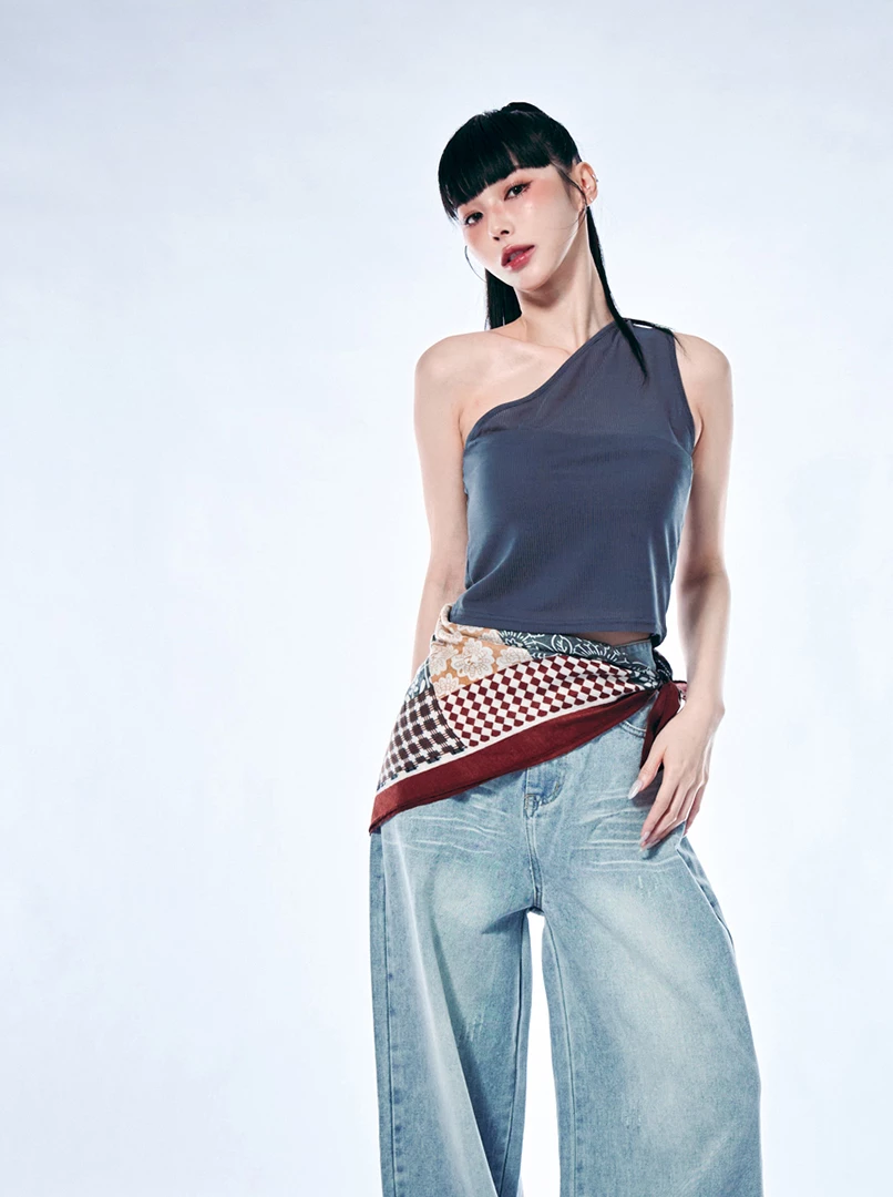 歐美斜肩透膚背心上衣