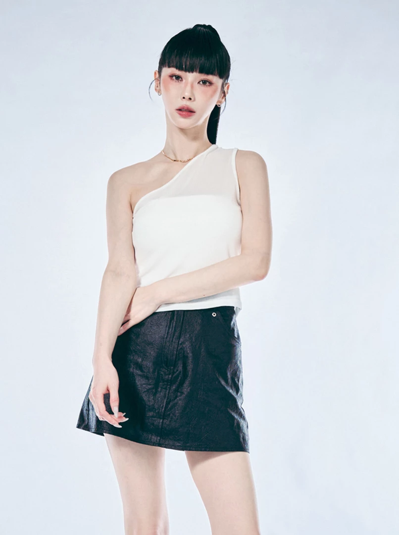 歐美斜肩透膚背心上衣