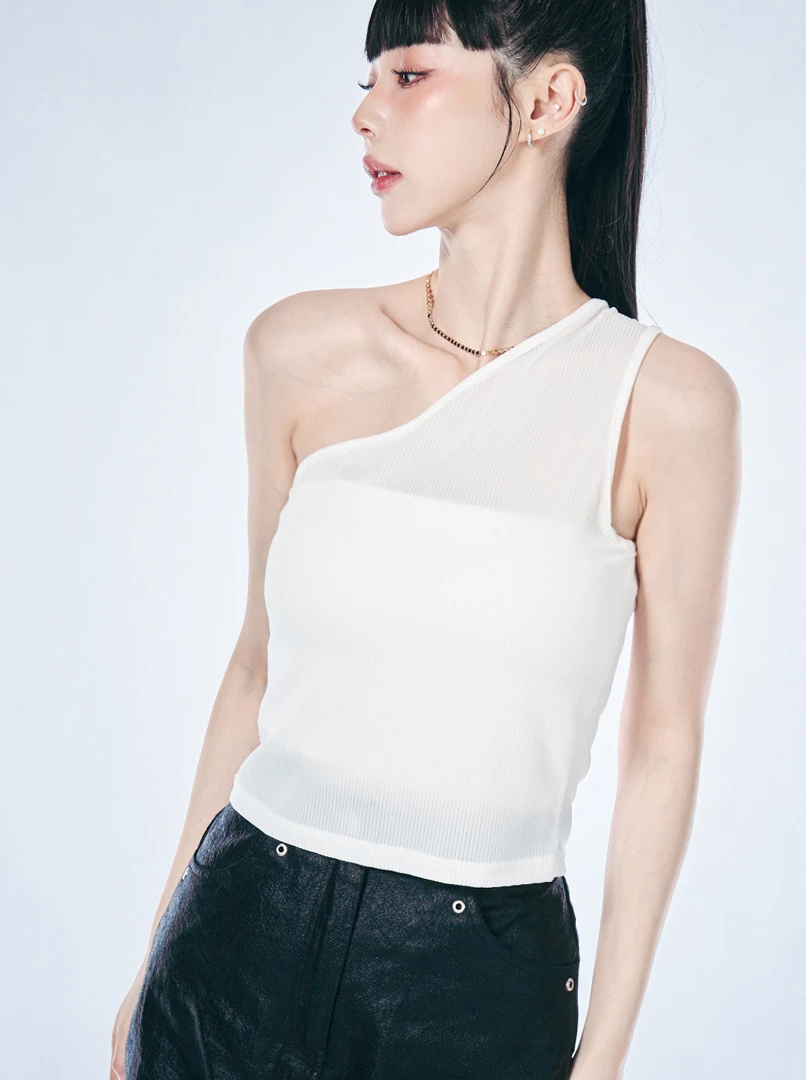 歐美斜肩透膚背心上衣