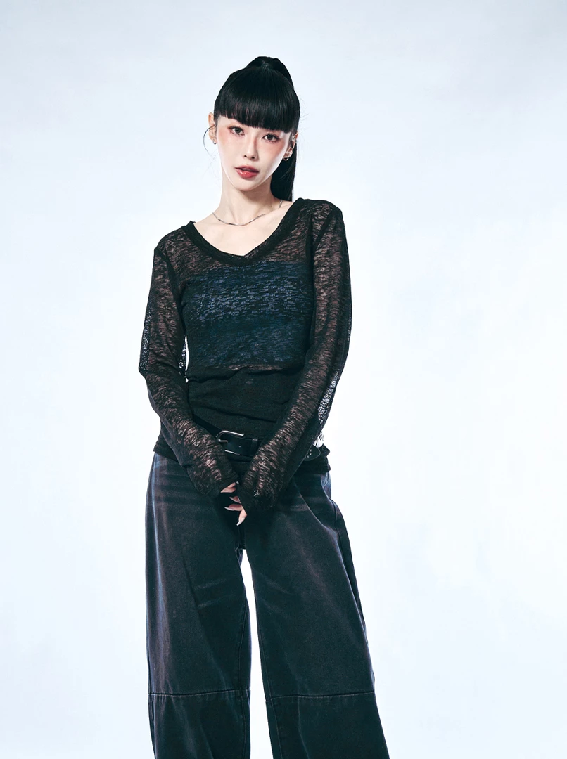 V領半透視微辣上衣