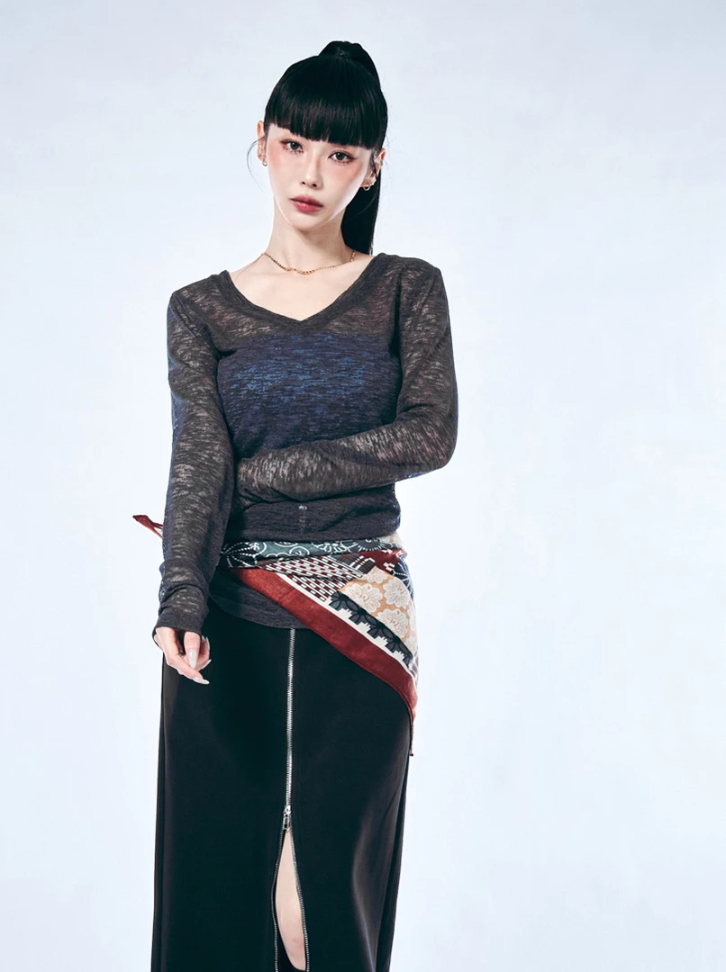 V領半透視微辣上衣