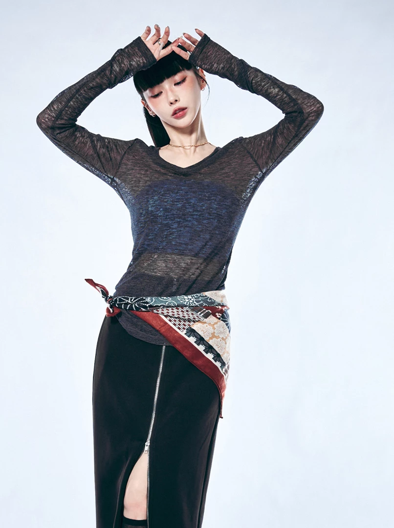 V領半透視微辣上衣