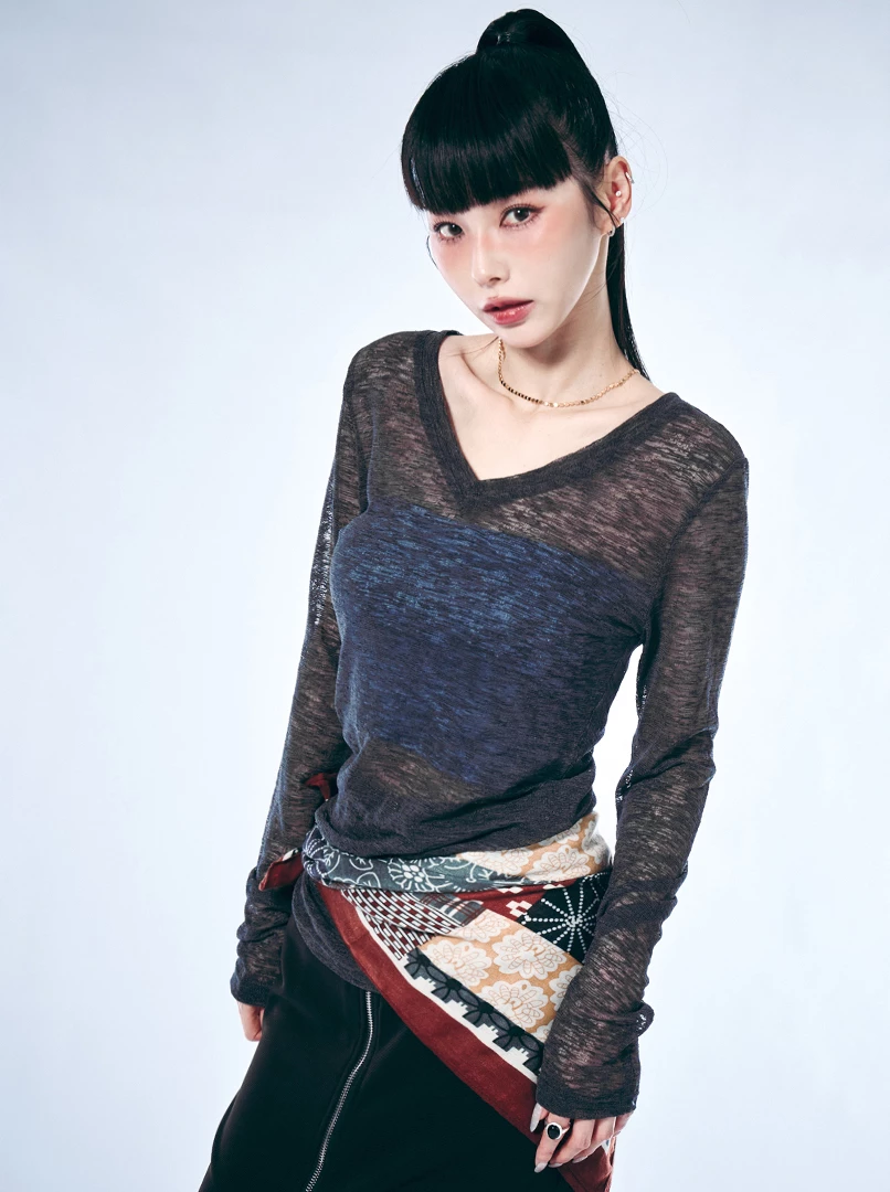 V領半透視微辣上衣