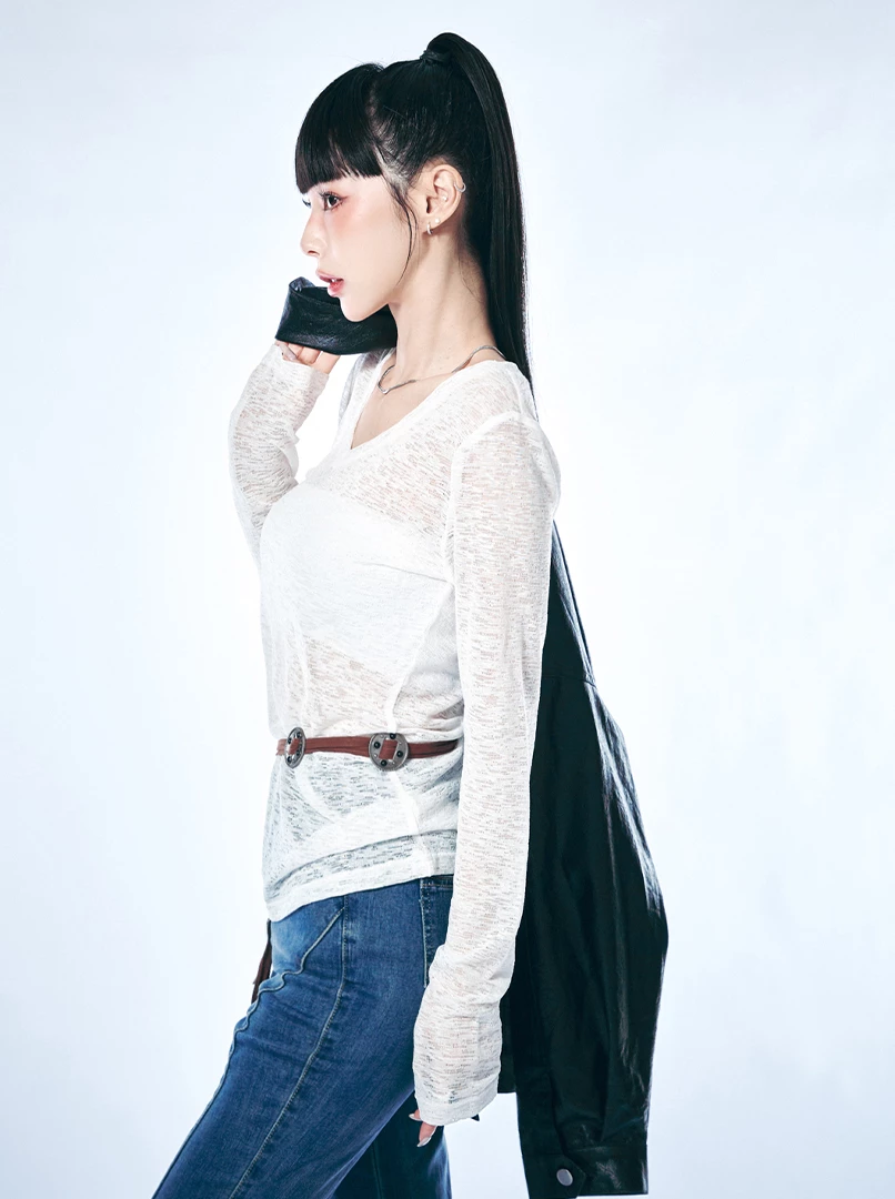 V領半透視微辣上衣