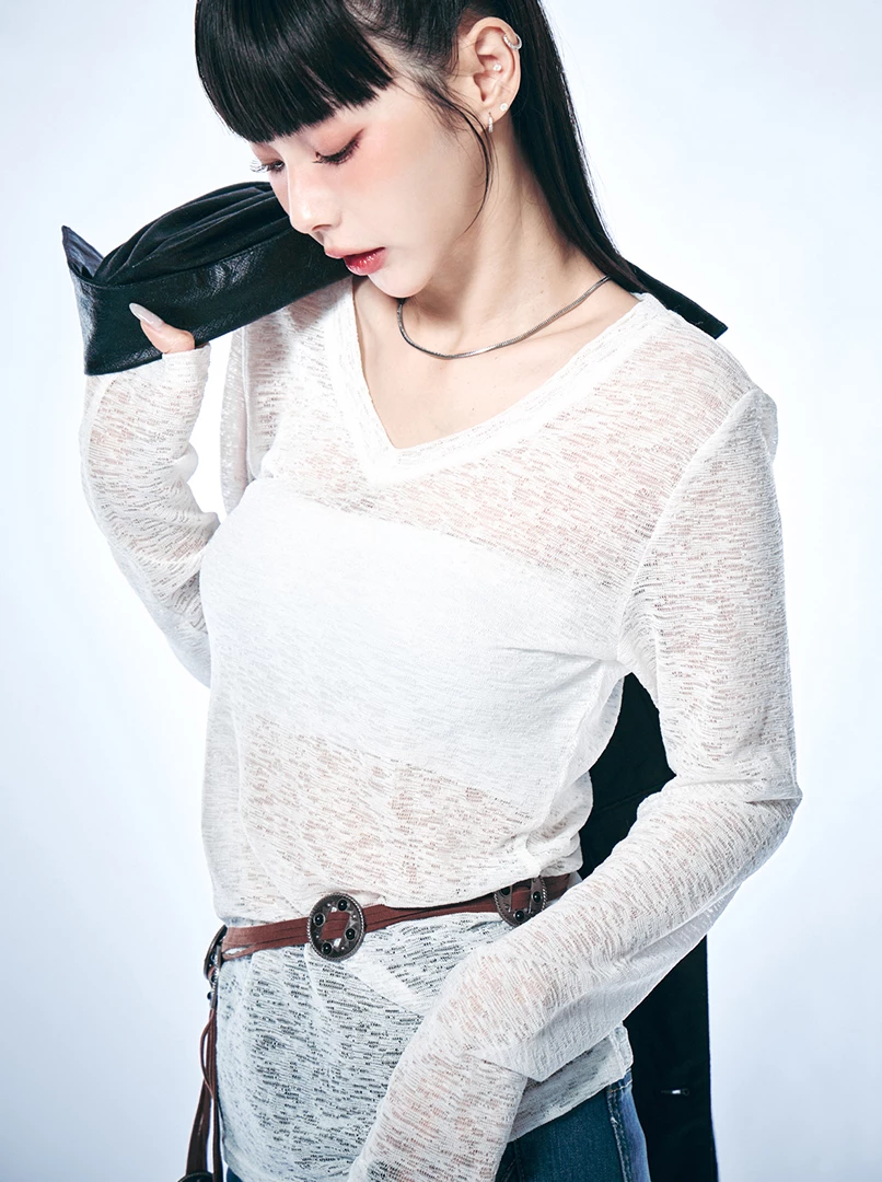 V領半透視微辣上衣