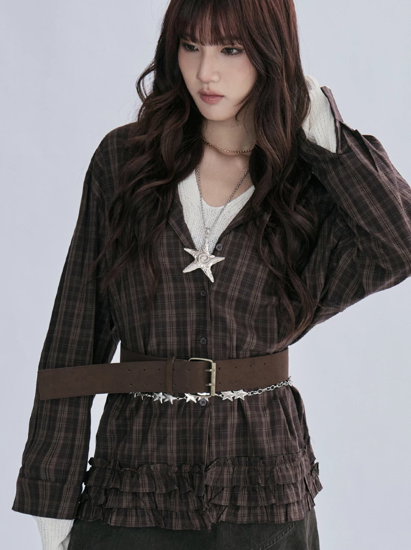 花邊設計格紋上衣(附腰帶)