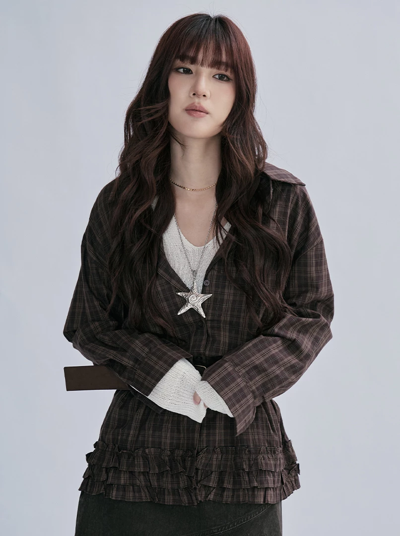 花邊設計格紋上衣(附腰帶)