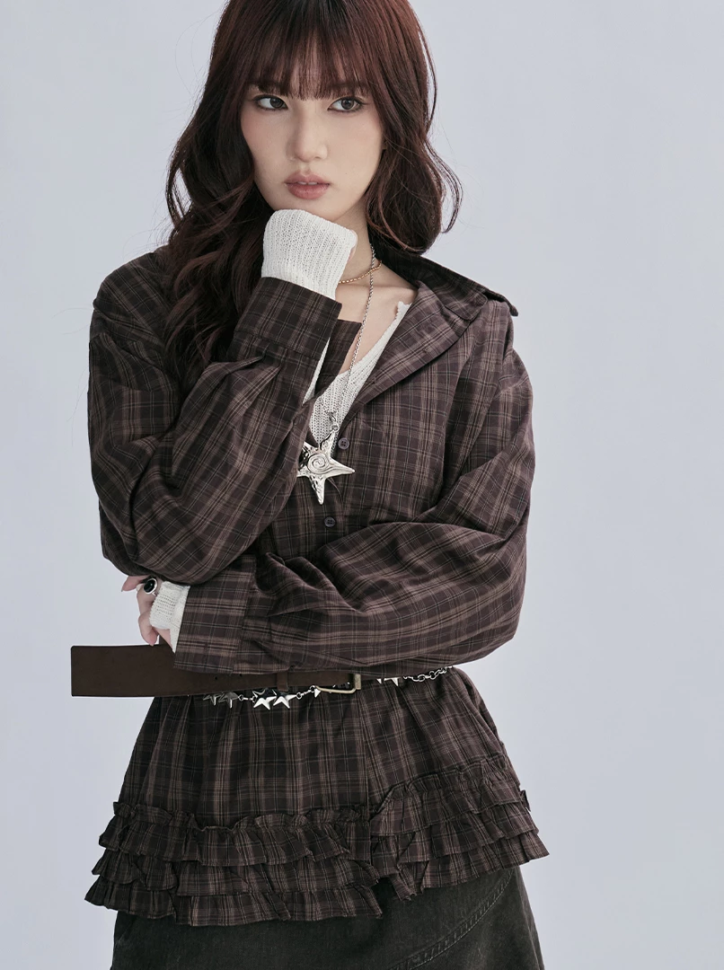 花邊設計格紋上衣(附腰帶)