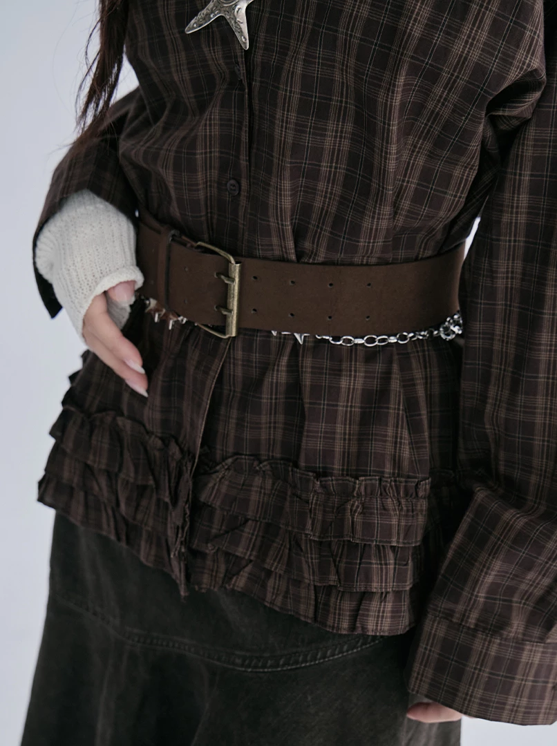 花邊設計格紋上衣(附腰帶)