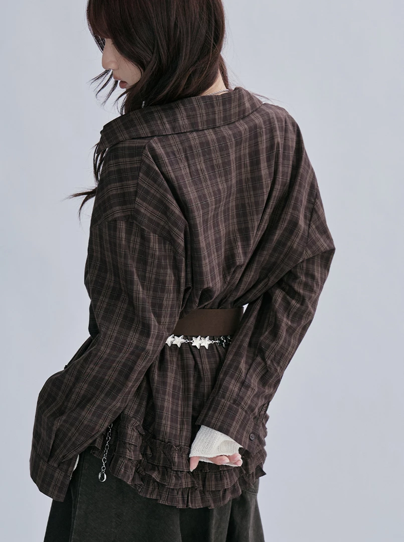花邊設計格紋上衣(附腰帶)
