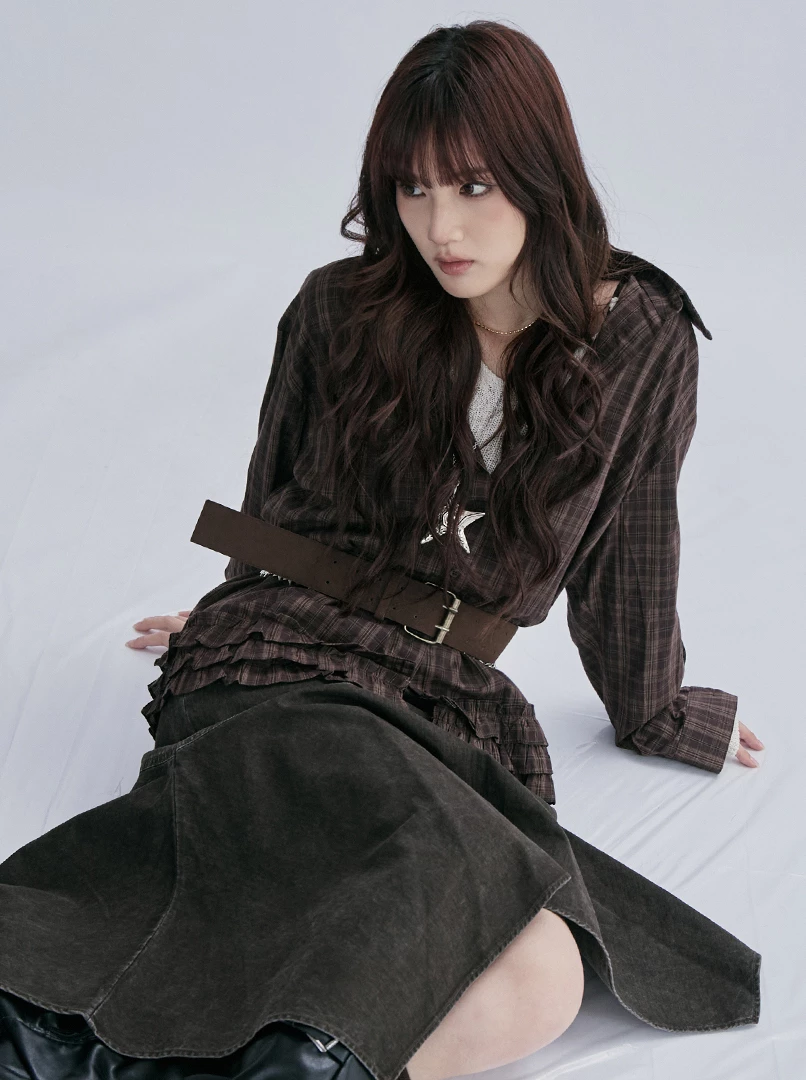 花邊設計格紋上衣(附腰帶)