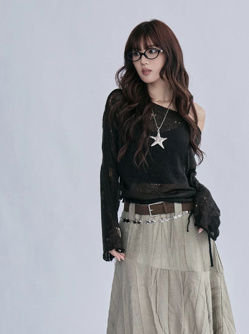 ins薄款一字肩抽皺上衣