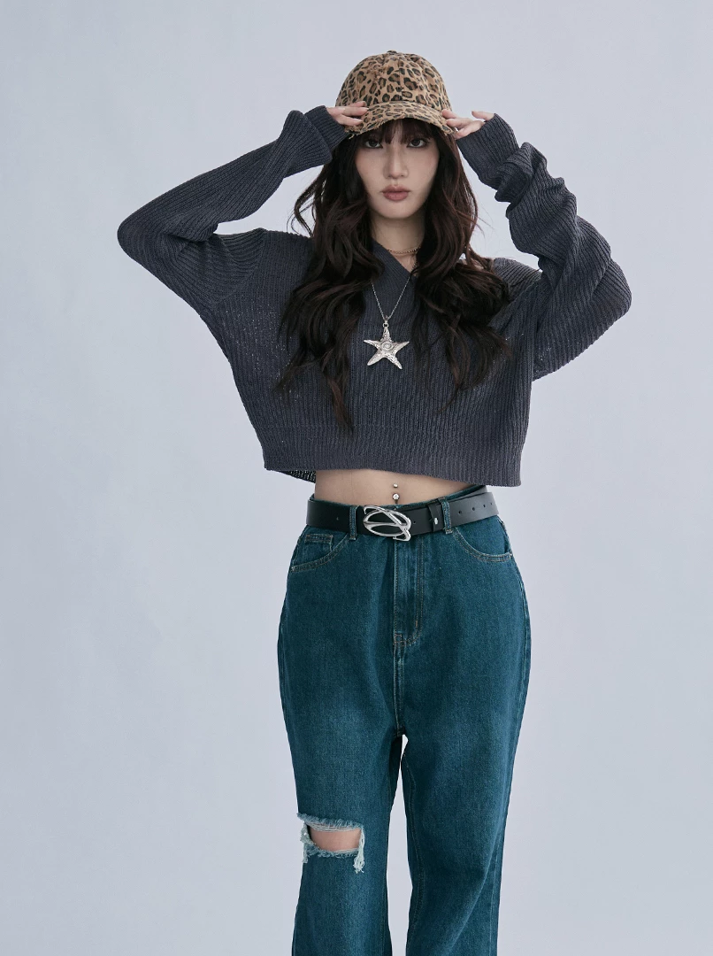 直紋小V領長袖針織衫