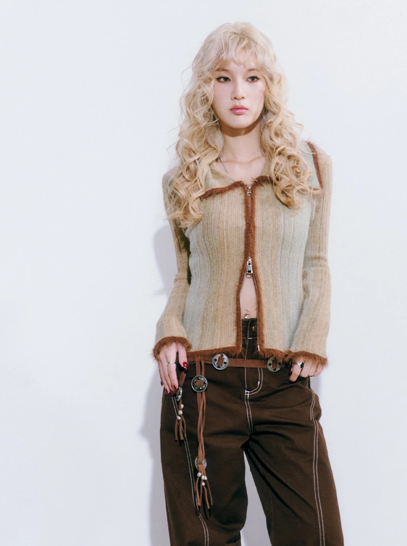 撞色雙拉鍊拼接上衣