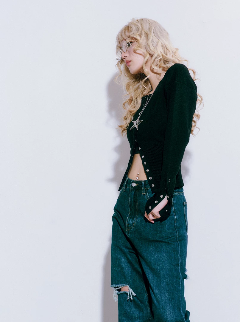 圓領針織螺紋收腰上衣