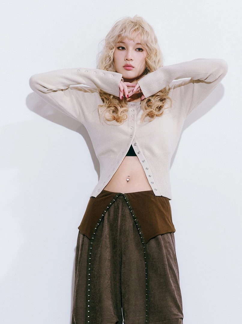 圓領針織螺紋收腰上衣