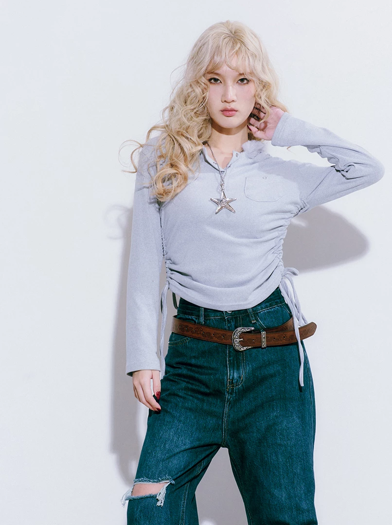 毛領拼接連帽上衣