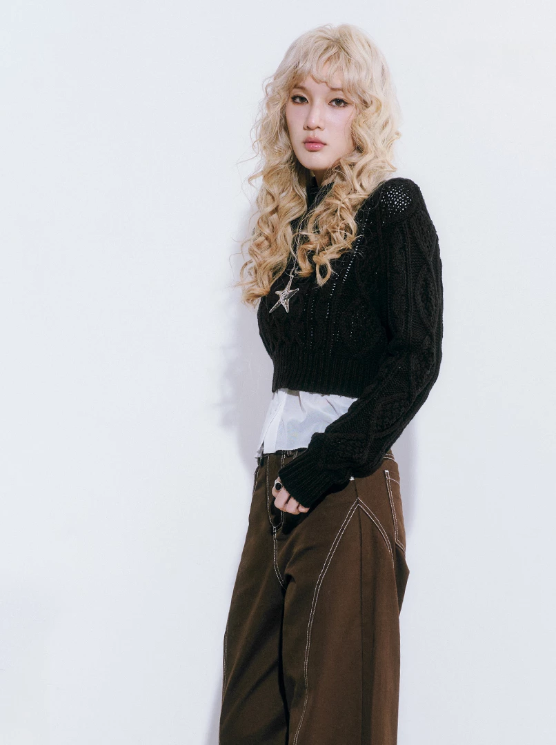 麻花高領短版針織毛衣