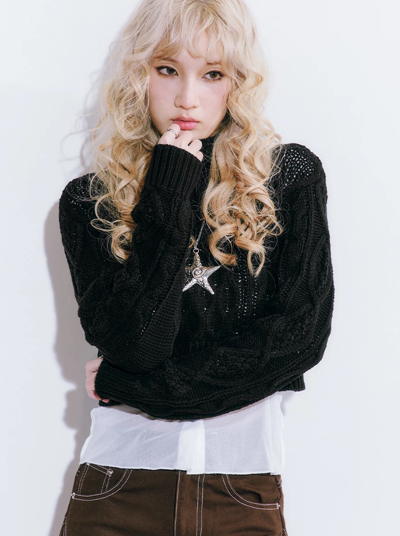 麻花高領短版針織毛衣