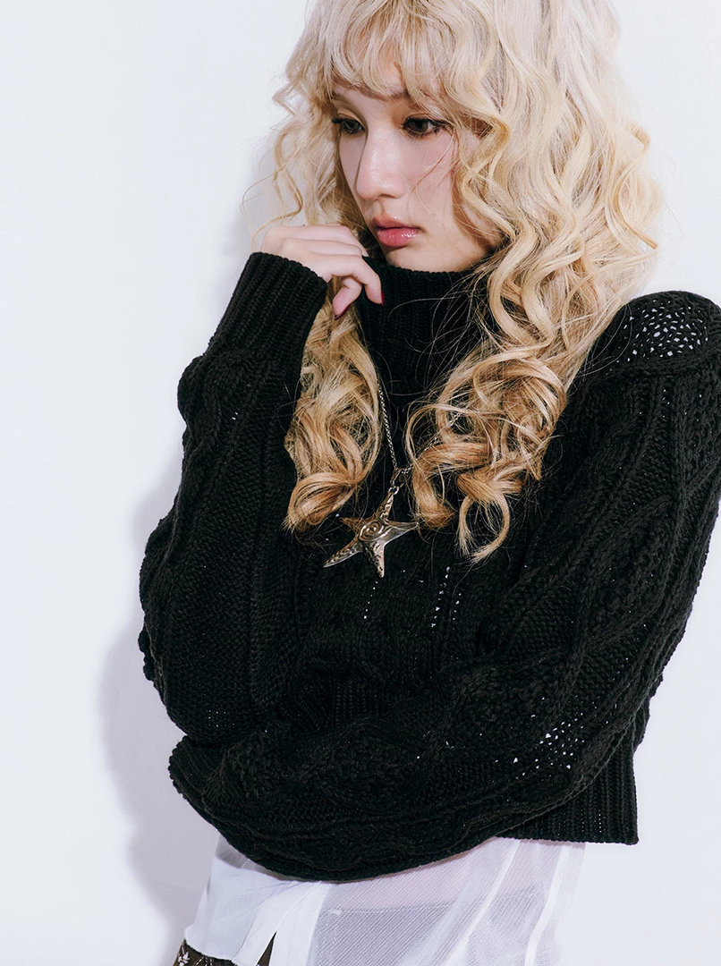 麻花高領短版針織毛衣