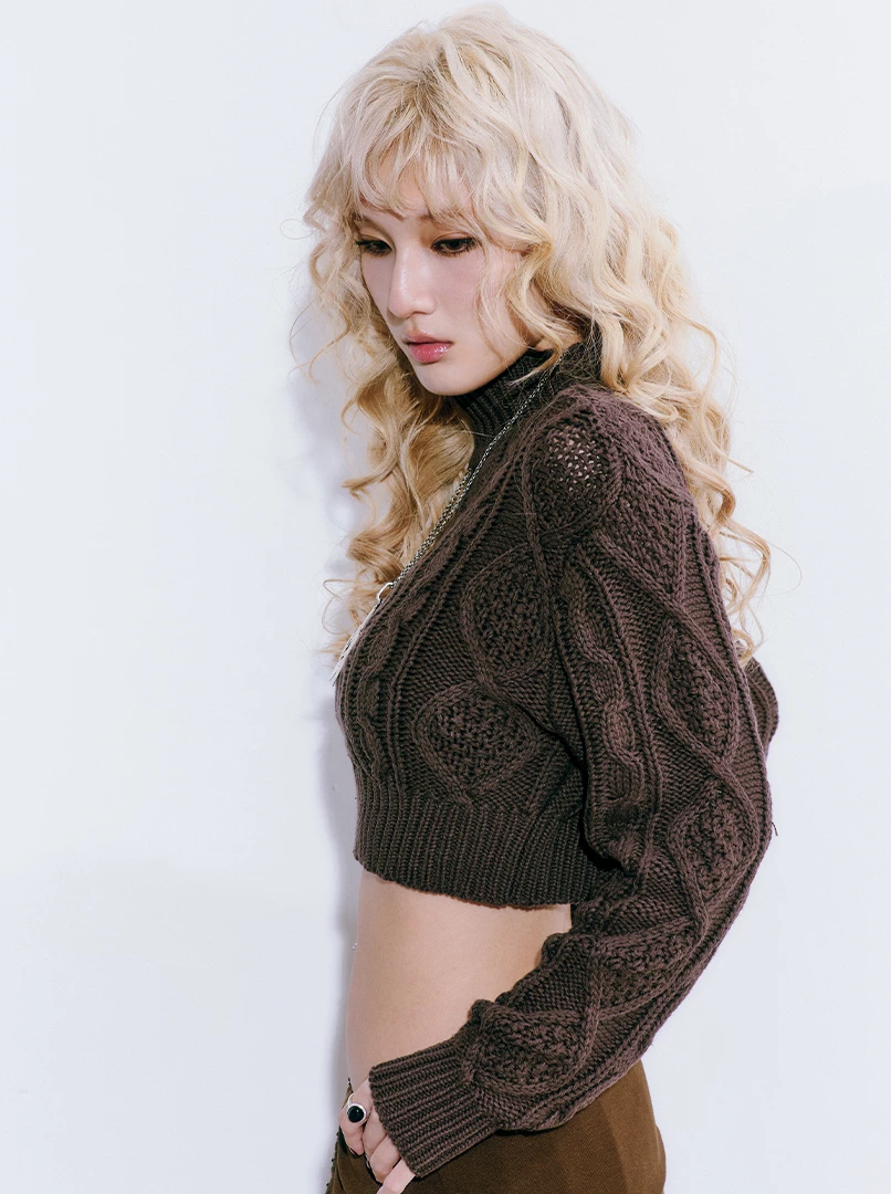 麻花高領短版針織毛衣